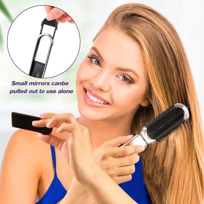 Folding Mini Hair Brush, Massage Comb with Mirror.